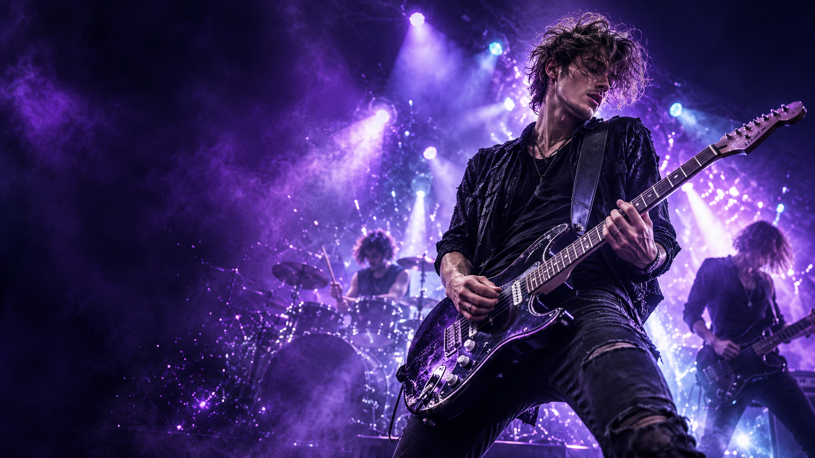 Guitarist and band performing under violet stage lights and sparkling visual effects